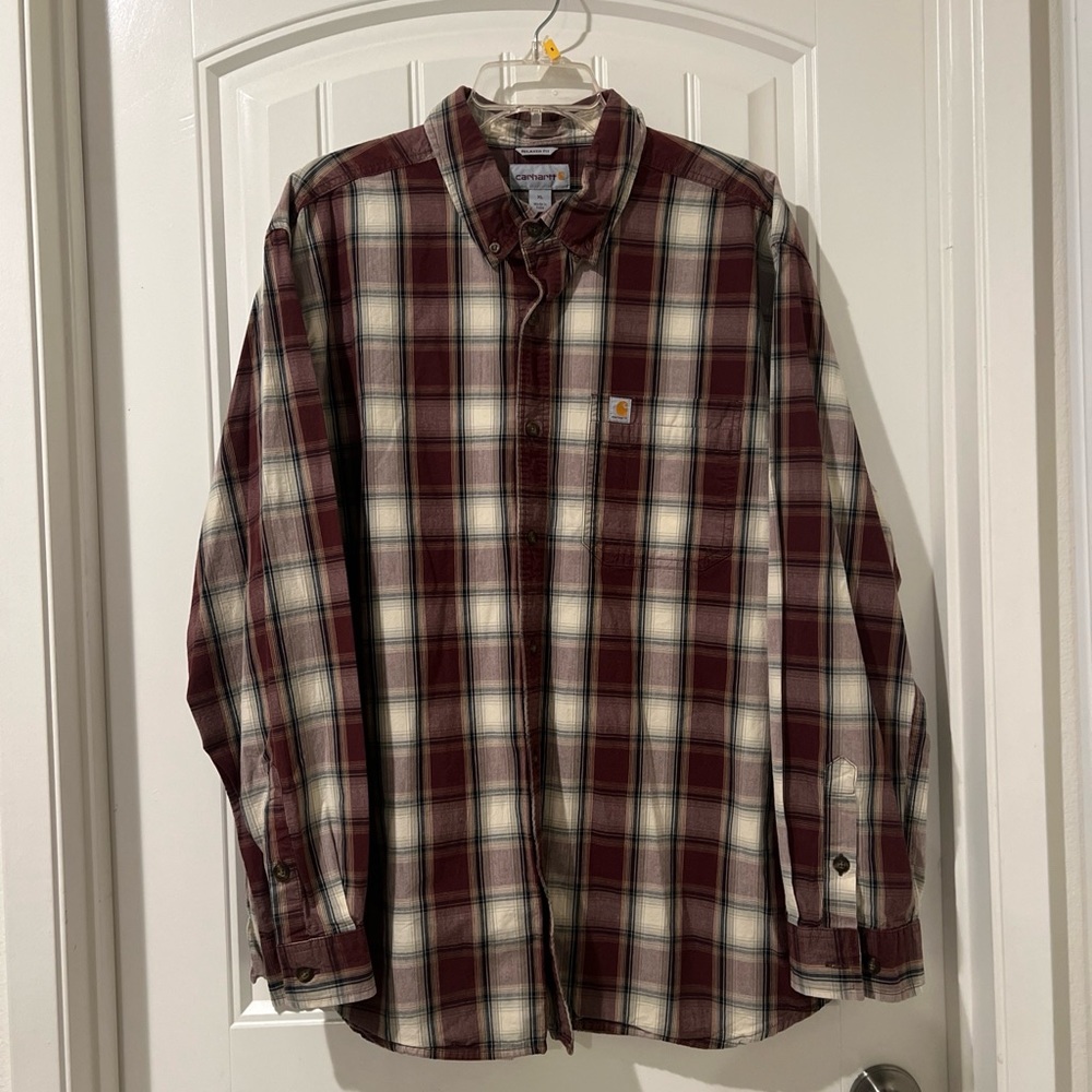 Carhartt Shirt Men’s  XL Relaxed Fit Button Down Maroon Plaid Long Sleeve Work